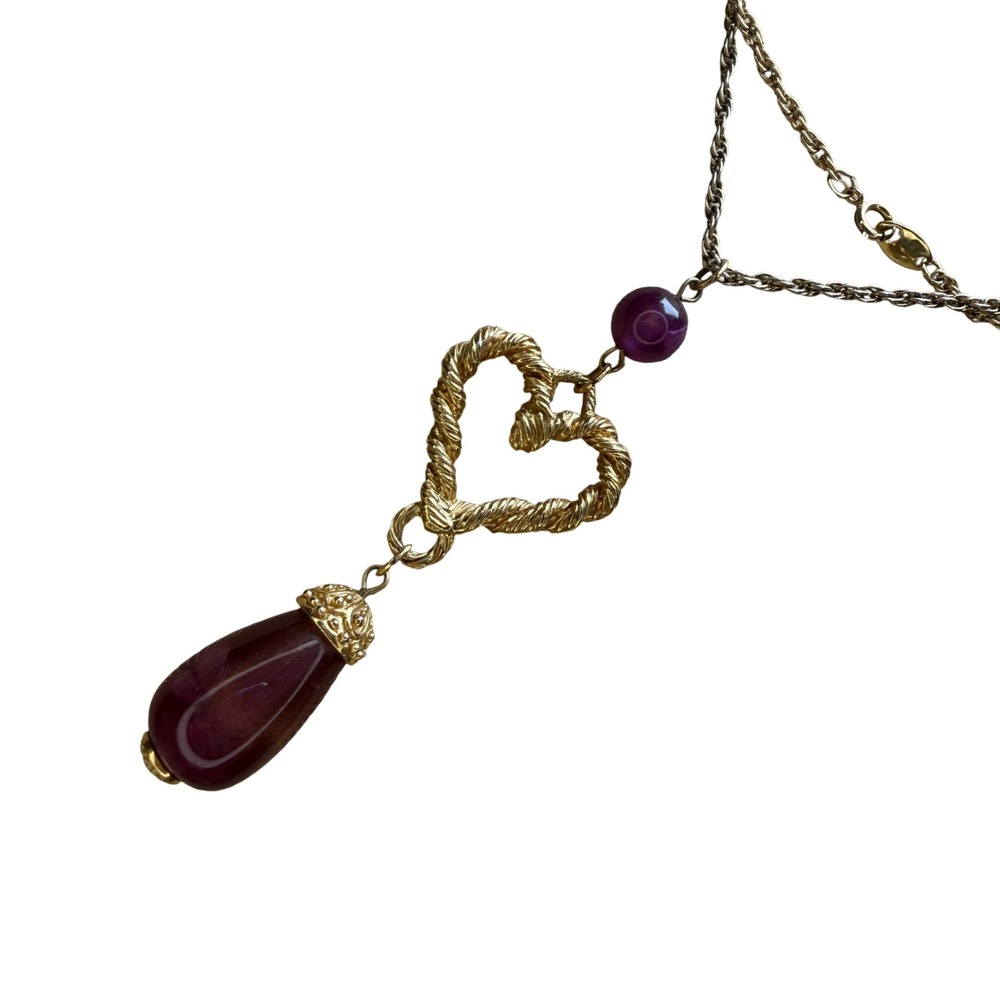 Avon Heart Necklace Purple Gold Tone Statement Romantic Classic Elegant - Picture 10 of 15